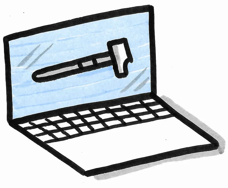 Picto illustrant la notion d'outil numérique : marteau visible à l'écran d'un ordinateur portable